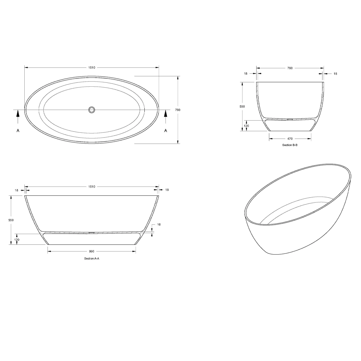 BC Designs Esseta Bath 1510 x 760 (No Waste) - Image 2