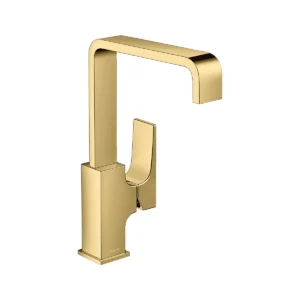 Metropol Single lever basin mixer 230 with lever handle and push open waste  Polished Gold Optic