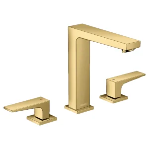 Metropol 3 hole basin mixer 160 with lever handles and push open waste  Polished Gold Optic