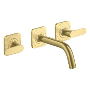 AXOR Citterio M 3-hole basin mixer for concealed installation wall-mounted with spout 166 mm, lever handles and escutcheons - Brushed Brass