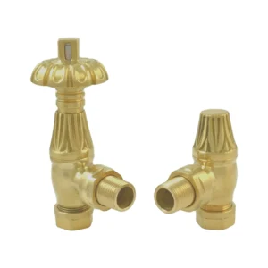 IVX Essential  Thermostatic Westminster Angled Brushed Brass Radiator Valve & L/S