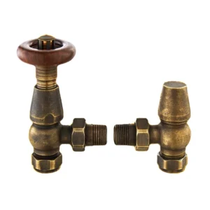 IVX Essential  Thermostatic Chelsea Angled Antique Brass Radiator Valve & L/S