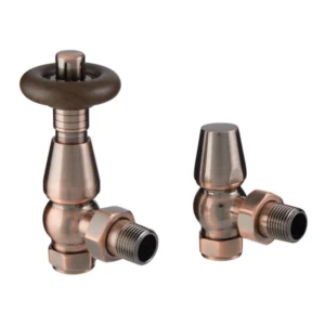 IVX Essential  Thermostatic Chelsea Angled Antique Copper Radiator Valve & L/S