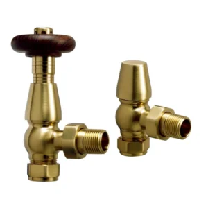 IVX Essential  Thermostatic Chelsea Angled Brushed Brass Radiator Valve & L/S
