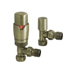 IVX Essential  Thermostatic Angled Brushed Brass Radiator Valve & L/S