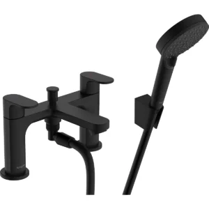 Rebris S 2 hole rim mounted bath mixer with diverter valve and Vernis Blend hand shower Vario  Matt Black