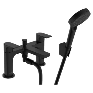 Rebris E 2 hole rim mounted bath mixer with diverter valve and Vernis Blend hand shower Vario  Matt Black