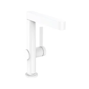 Finoris Single lever basin mixer 230 with swivel spout and push open waste set  Matt White