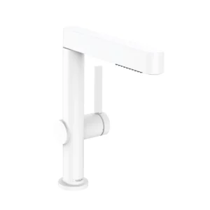 Finoris Single lever basin mixer 230 with pull out spray, 2jet and push open waste set  Matt White