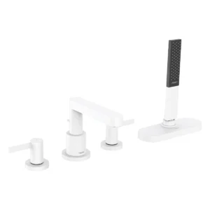 Finoris 4 hole rim mounted bath mixer with sBox  Matt White