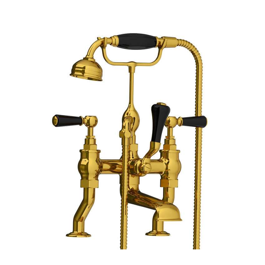 Lefroy Brooks Classic Bath Shower Mixer With Black Levers - Antique Gold