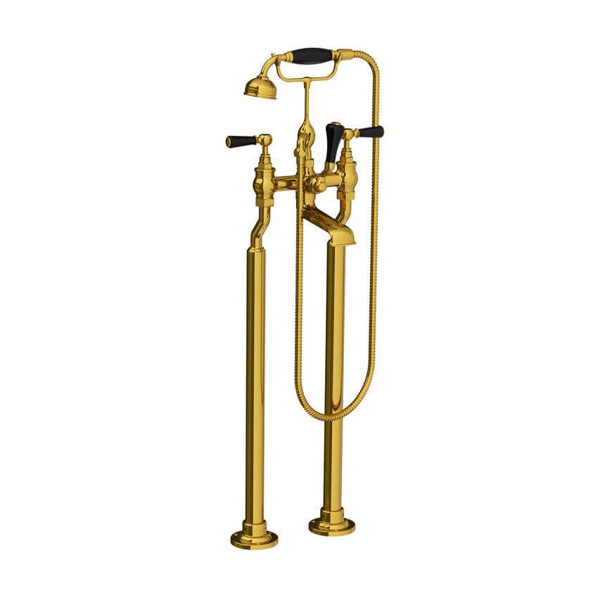 Lefroy Brooks Classic Bath Shower Mixer With Black Levers & Standpipes - Antique Gold