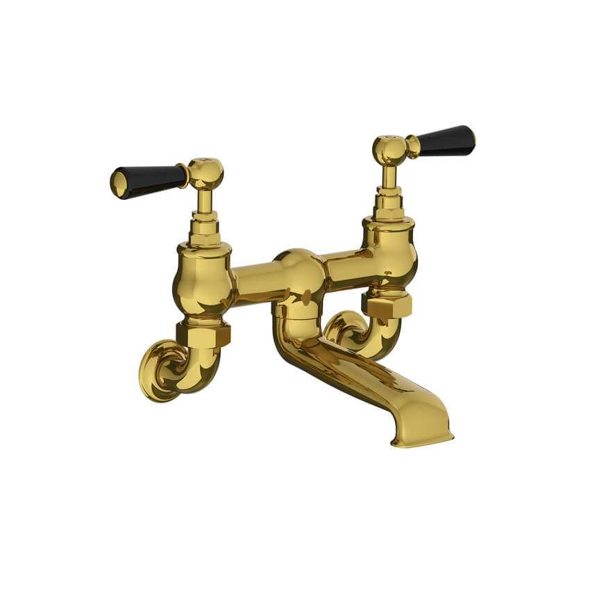 Lefroy Brooks Classic Bath Bridge Filler With Black Levers - Antique Gold