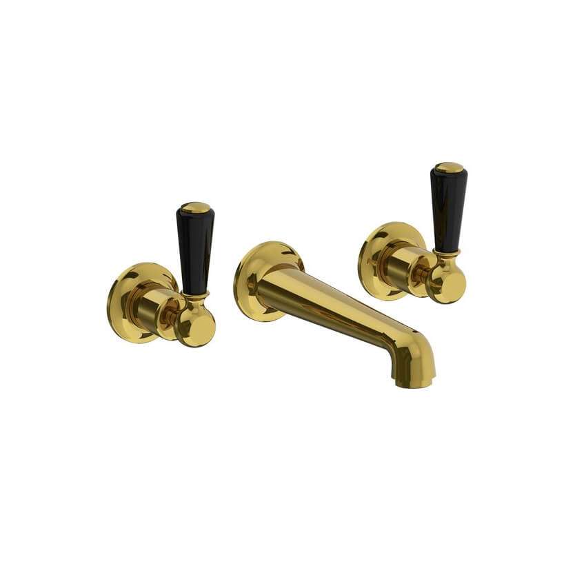 Lefroy Brooks Classic Basin Wall Mounted Basin Mixer With Black Levers - Antique Gold