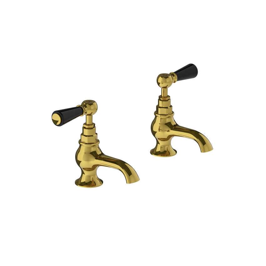 Lefroy Brooks Classic Bath Pillar Taps With Black Levers - Antique Gold