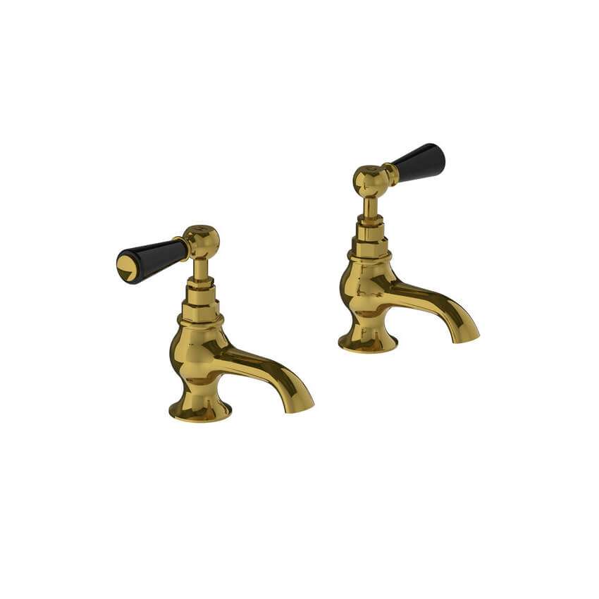 Lefroy Brooks Classic Bath Pillar Taps With Black Levers - Polished Brass