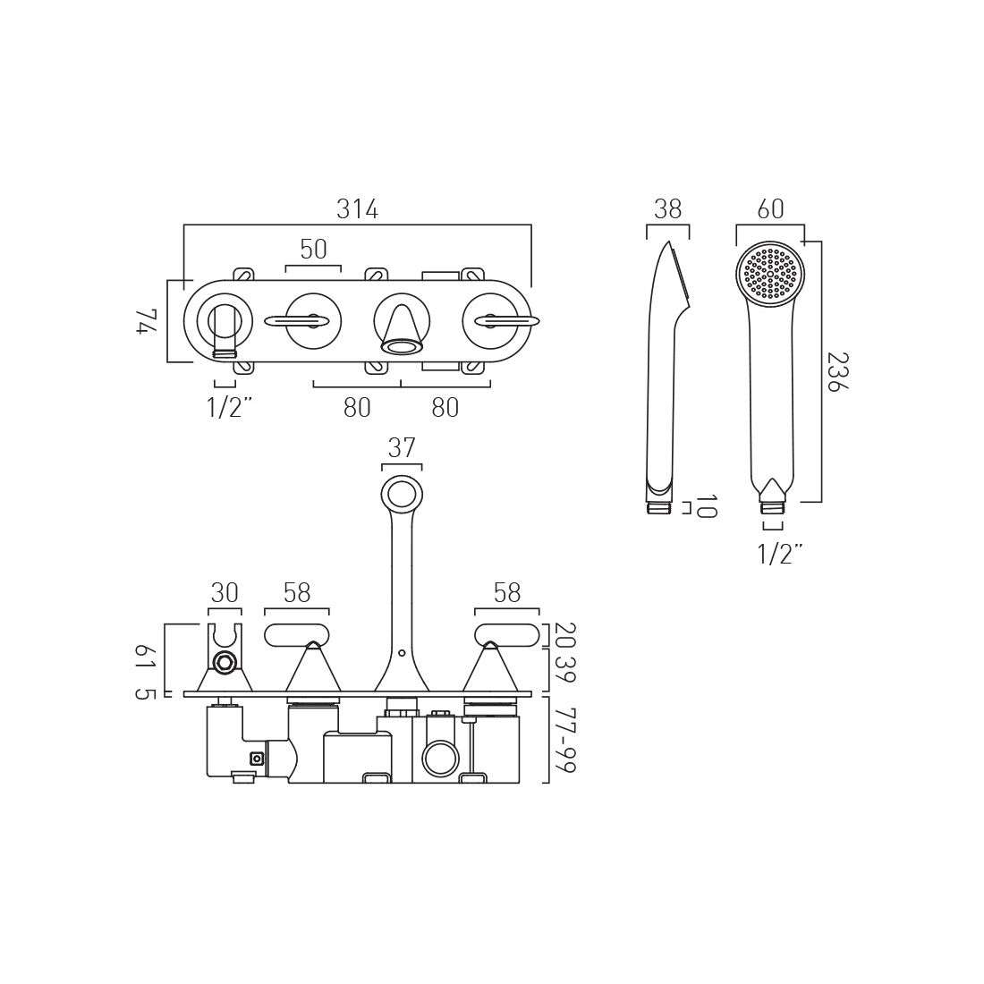 Vado Arrondi Wall Mounted Thermostatic Bath Shower Mixer Lever Handle - Image 2