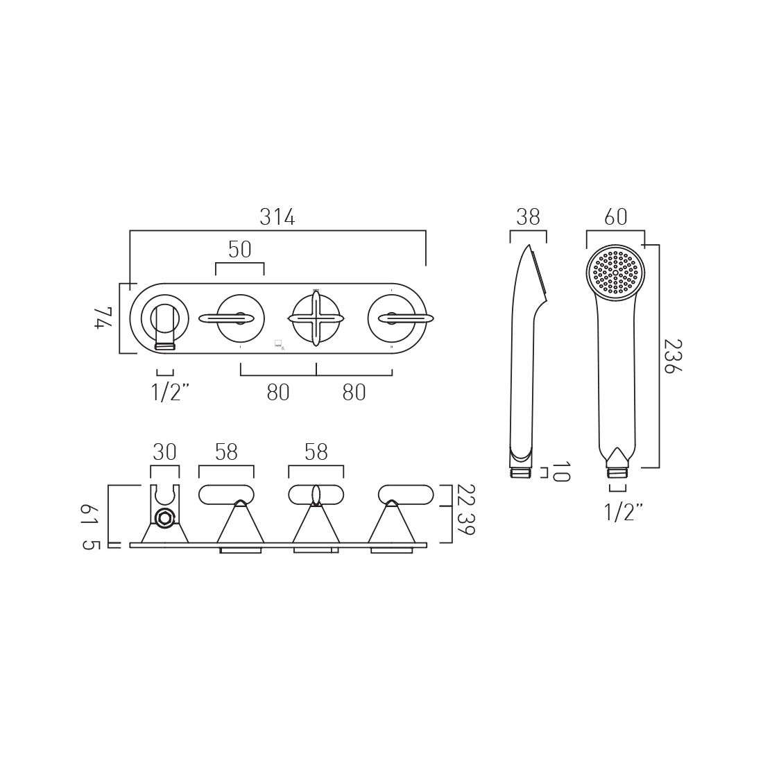 Vado Arrondi Tablet 3 Outlet 3 Handle Concealed Thermostatic Horizontal Valve for Bath - Image 4