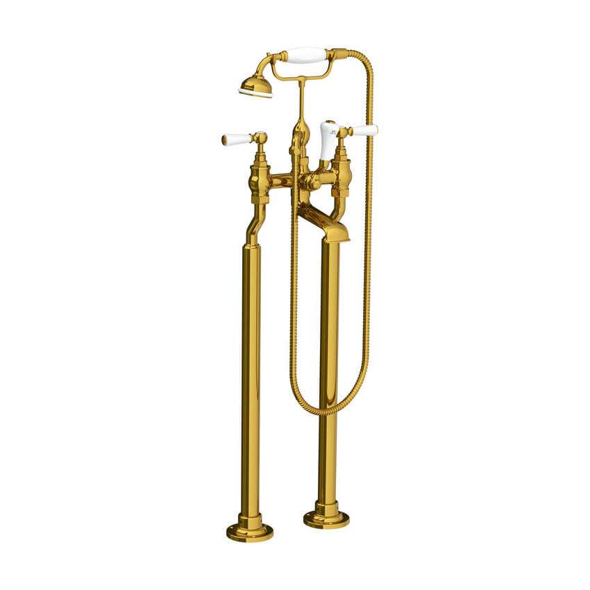 Lefroy Brooks Classic Bath Shower Mixer With White Levers & Standpipes - Antique Gold