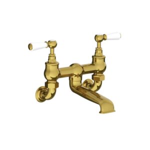 Lefroy Brooks Classic Bath Bridge Filler With White Levers - Antique Gold