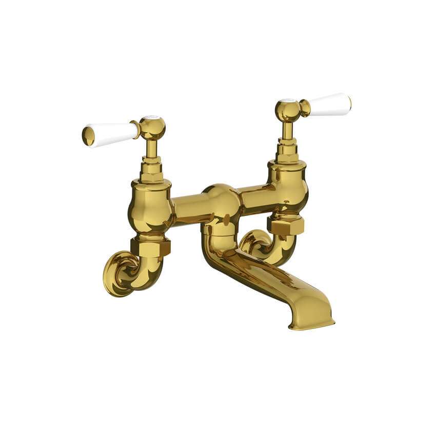 Lefroy Brooks Classic Bath Bridge Filler With White Levers - Antique Gold