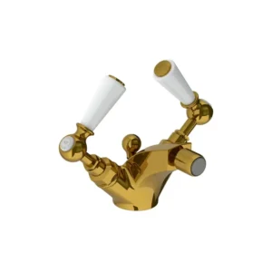 Lefroy Brooks Classic Mono Bidet Mixer With White Levers & Pop Up Waste - Polished Brass
