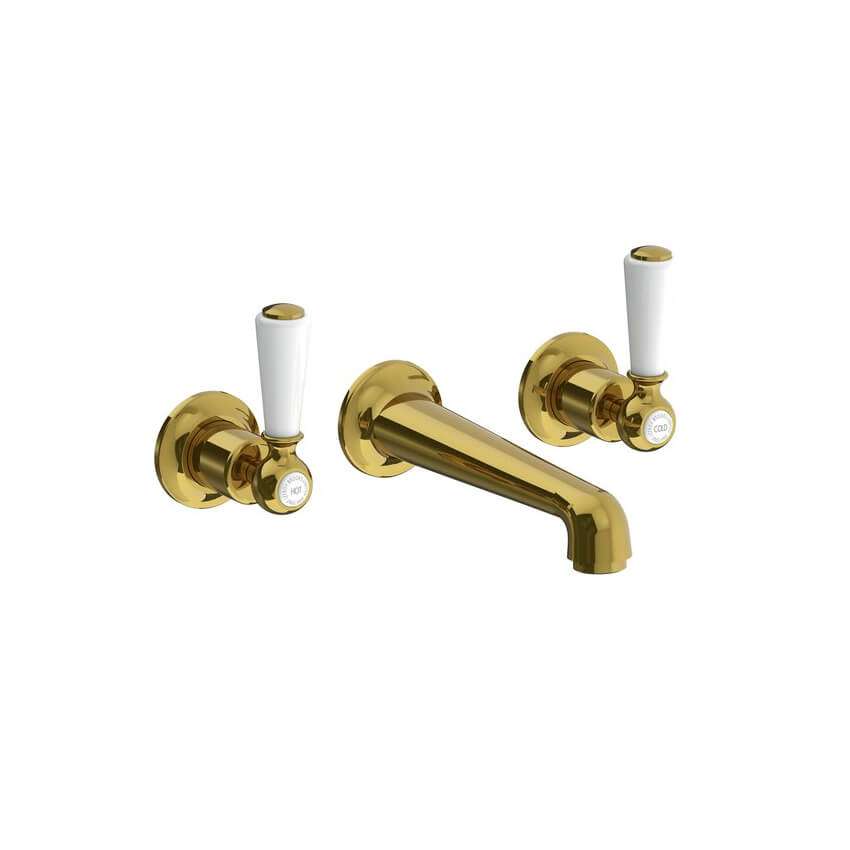Lefroy Brooks Classic Basin Wall Mounted Basin Mixer With White Levers - Antique Gold