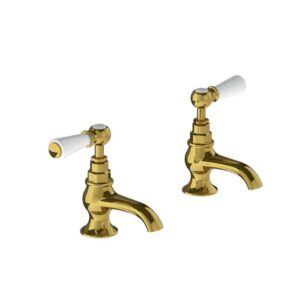 Lefroy Brooks Classic Basin Pillar Taps With White Levers - Antique Gold