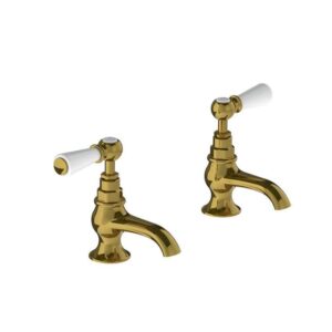 Lefroy Brooks Classic Basin Pillar Taps With White Levers - Polished Brass