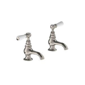Lefroy Brooks Classic Bath Pillar Taps With White Levers - Silver Nickel