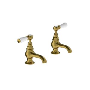 Lefroy Brooks Classic Bath Pillar Taps With White Levers - Polished Brass