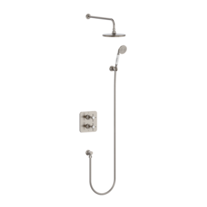 Burlington Guild Square Thermostatic Two Outlet Concealed Divertor Shower Valve , Fixed Shower Arm & Head, Holder & Handset with Hose and Outlet Elbow