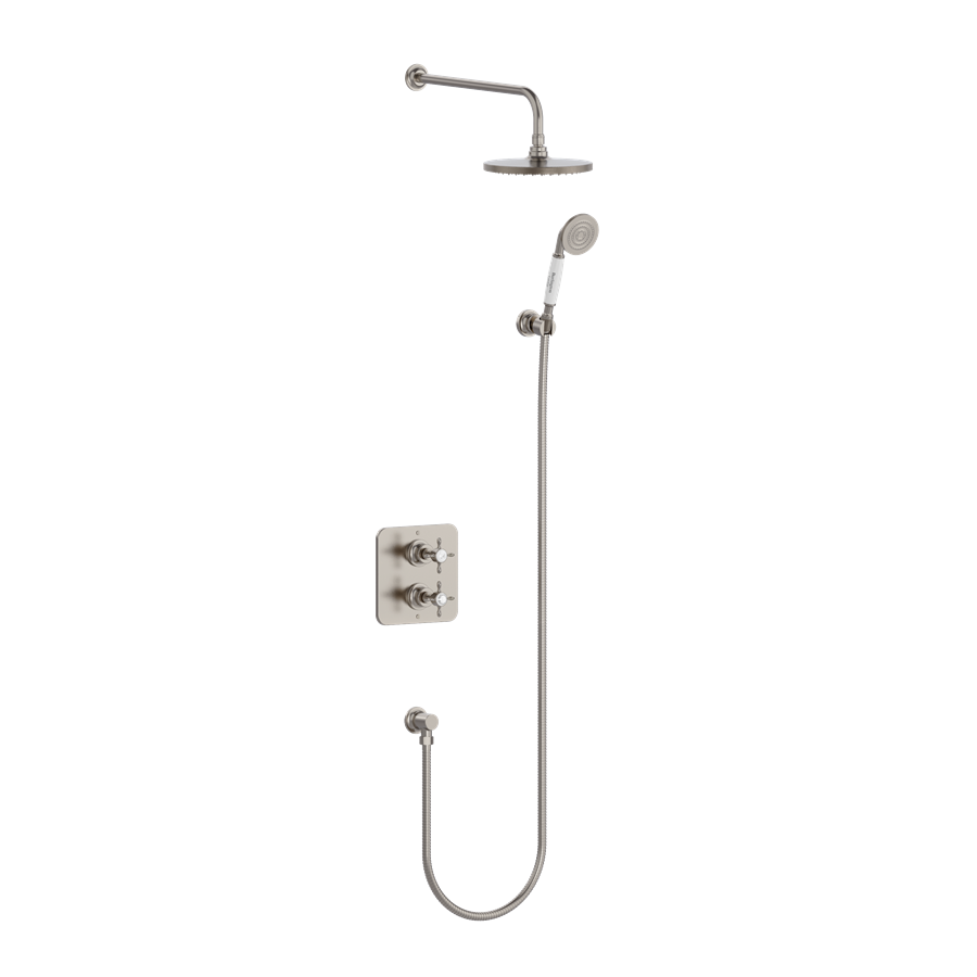 Burlington Guild Square Thermostatic Two Outlet Concealed Divertor Shower Valve , Fixed Shower Arm & Head, Holder & Handset with Hose and Outlet Elbow