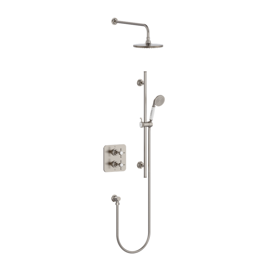 Burlington Guild Square Thermostatic Two Outlet Concealed Divertor Shower Valve , Fixed Shower Arm & Head, Rail, Hose, Handset and Outlet Elbow