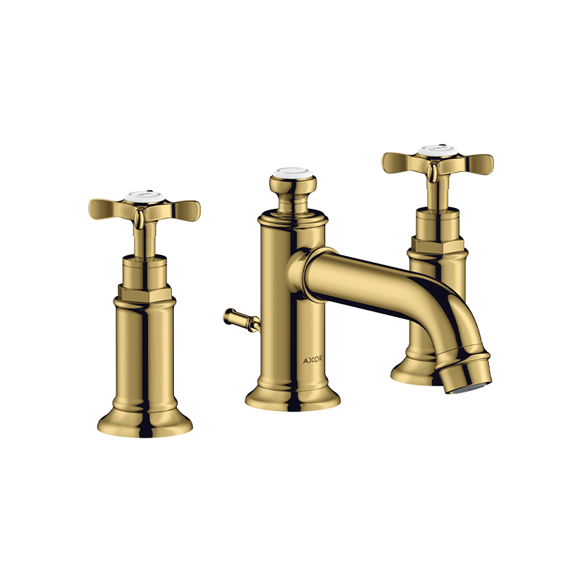 AXOR Montreux 3-hole basin mixer 30 with cross handles and pop-up waste - Polished Gold Optic