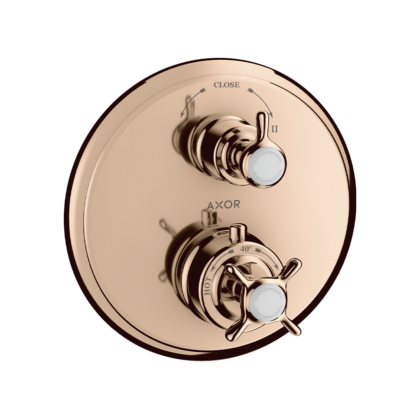 AXOR Montreux Thermostatic mixer for concealed installation with cross handle and shut-off / diverter valve - Polished Red Gold