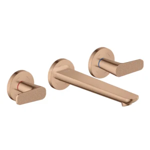 AXOR Citterio C 3-hole basin mixer wall-mounted with spout 195 mm, Cubic Cut -  Polished Red Gold