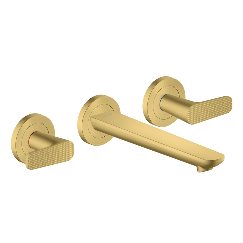 AXOR Citterio C 3-hole basin mixer wall-mounted with spout 195 mm, Cubic Cut - Brushed Brass