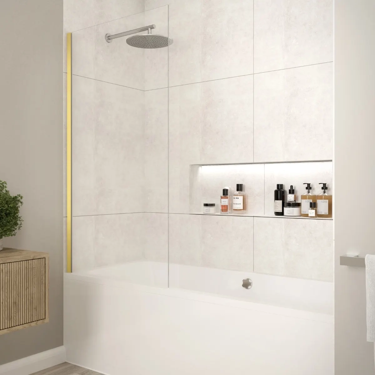 Merlyn Fixed Single Square Bath Screen, Brushed Brass