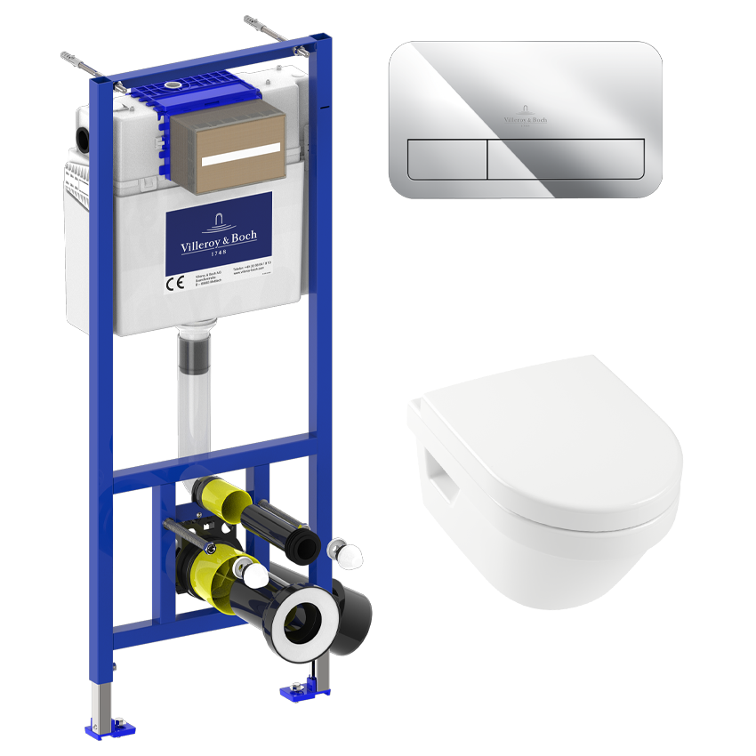 Villeroy & Boch Architectura Compact Wall Mounted Toilet Bundle including ViPro 2.0 Frame and Chrome Flush Plate