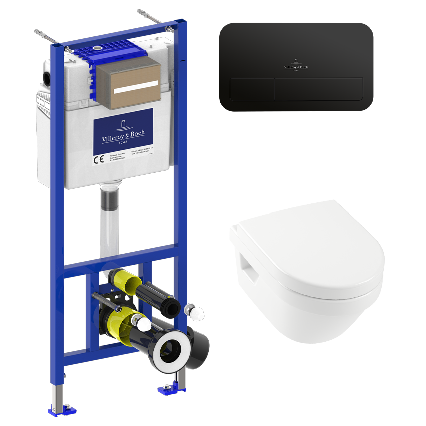 Villeroy & Boch Architectura Compact Wall Mounted Toilet Bundle including ViPro 2.0 Frame and Matt Black Flush Plate