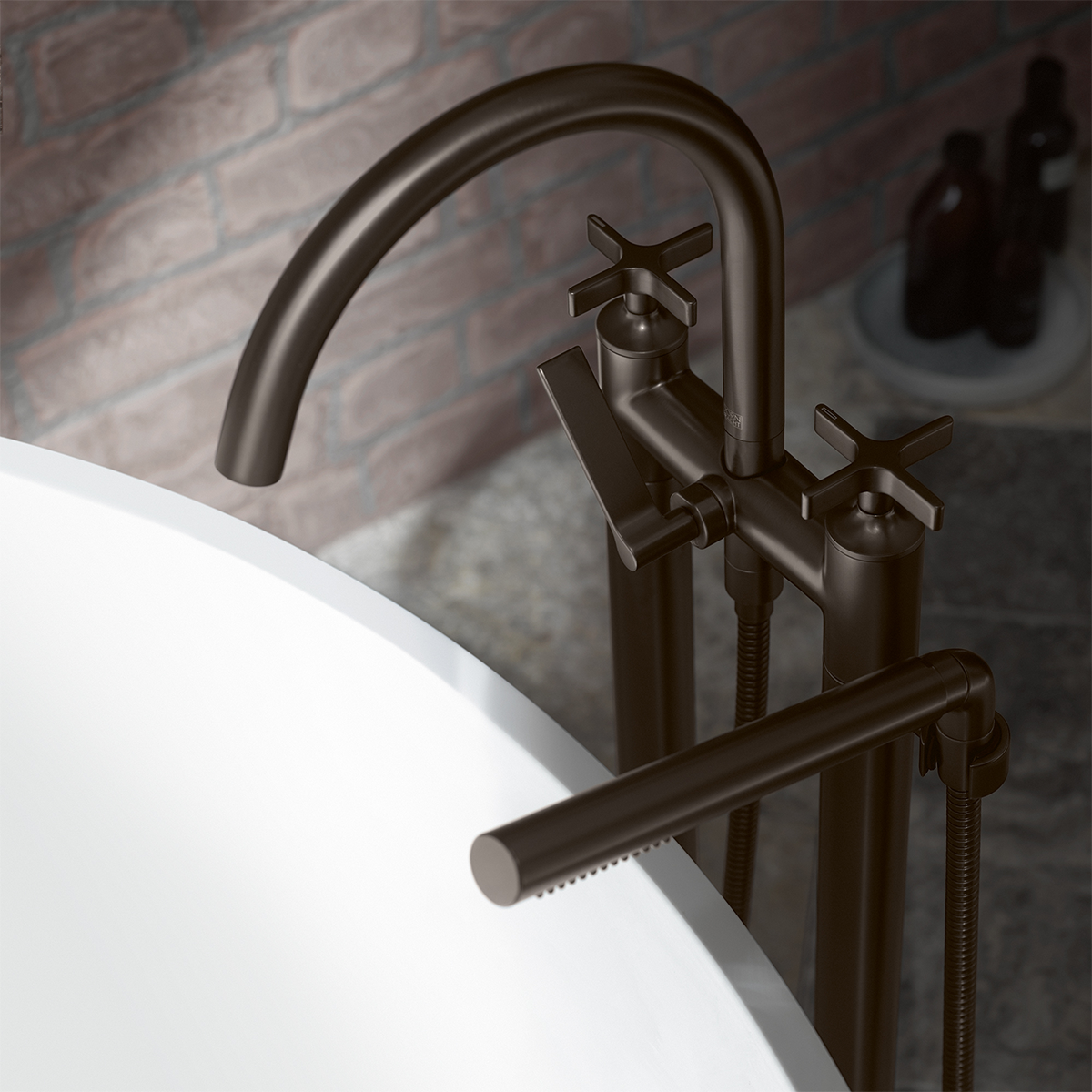 Dornbracht VAIA Two-hole bath mixer for free-standing assembly with hand shower set - Brushed Dark Platinum - Image 2