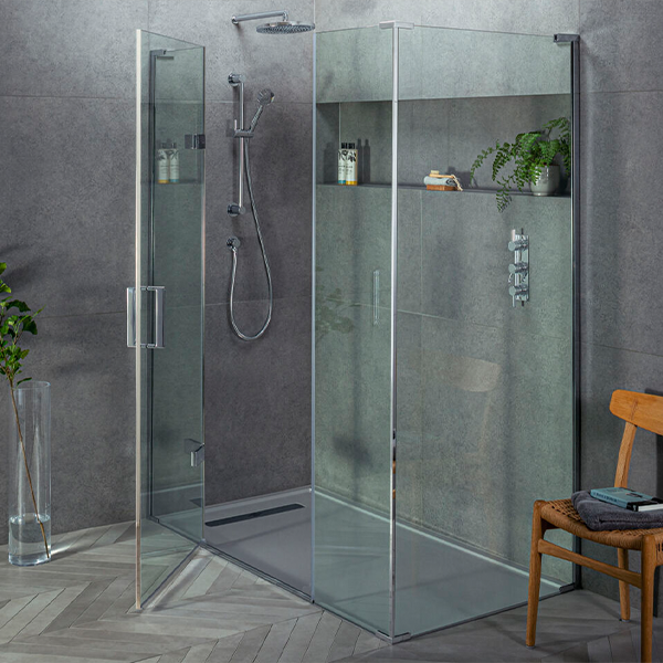 EauZone Hinged Door with Hinged Panel and Inline Panel for Corner